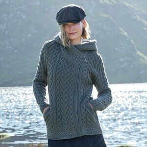 Aran Crafts Hooded Zip-Up Honeycomb Cable-Knit Fisherman Sweater Women's Size L